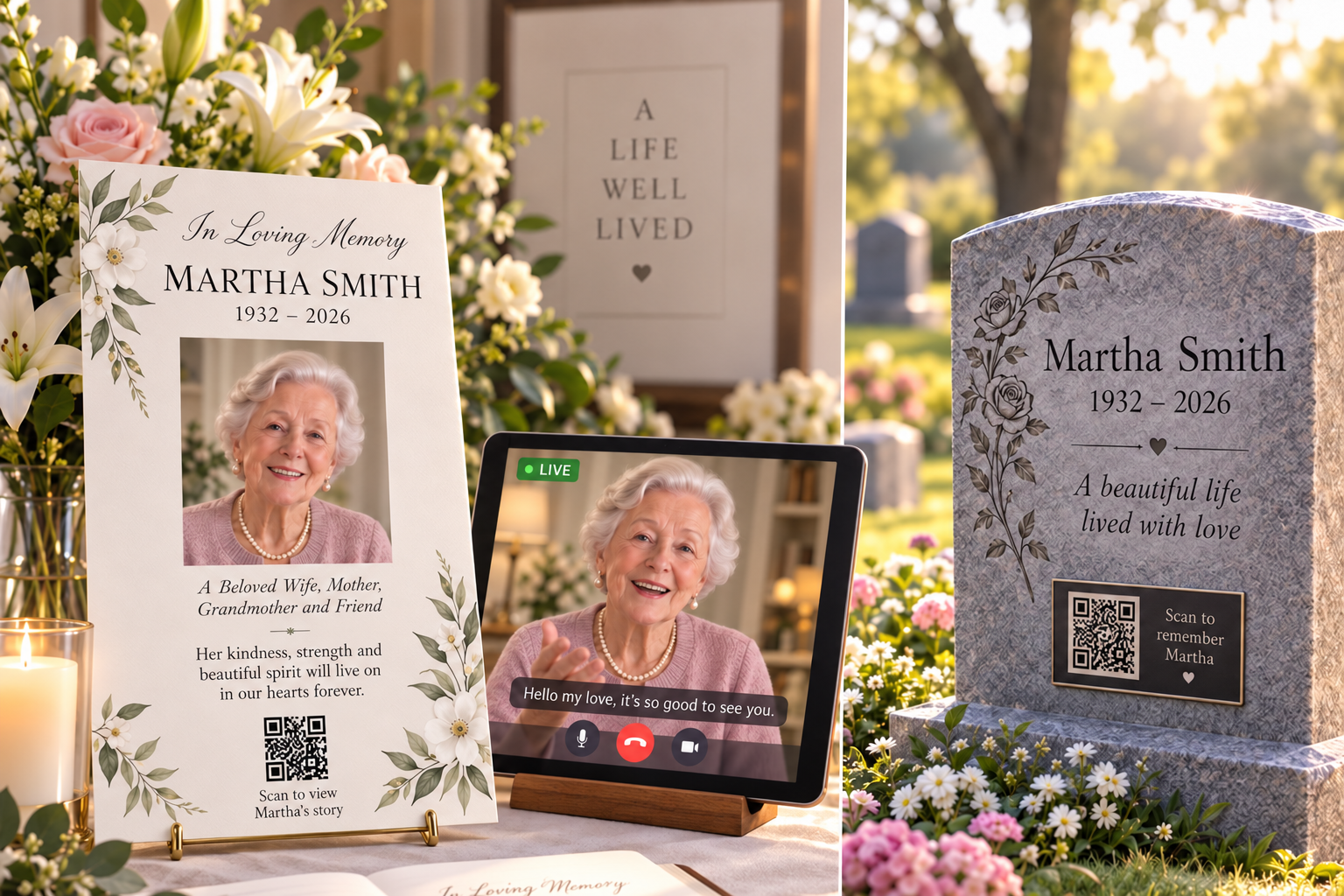 Memorial QR code shown on an obituary card and gravestone beside a portrait of Martha Smith